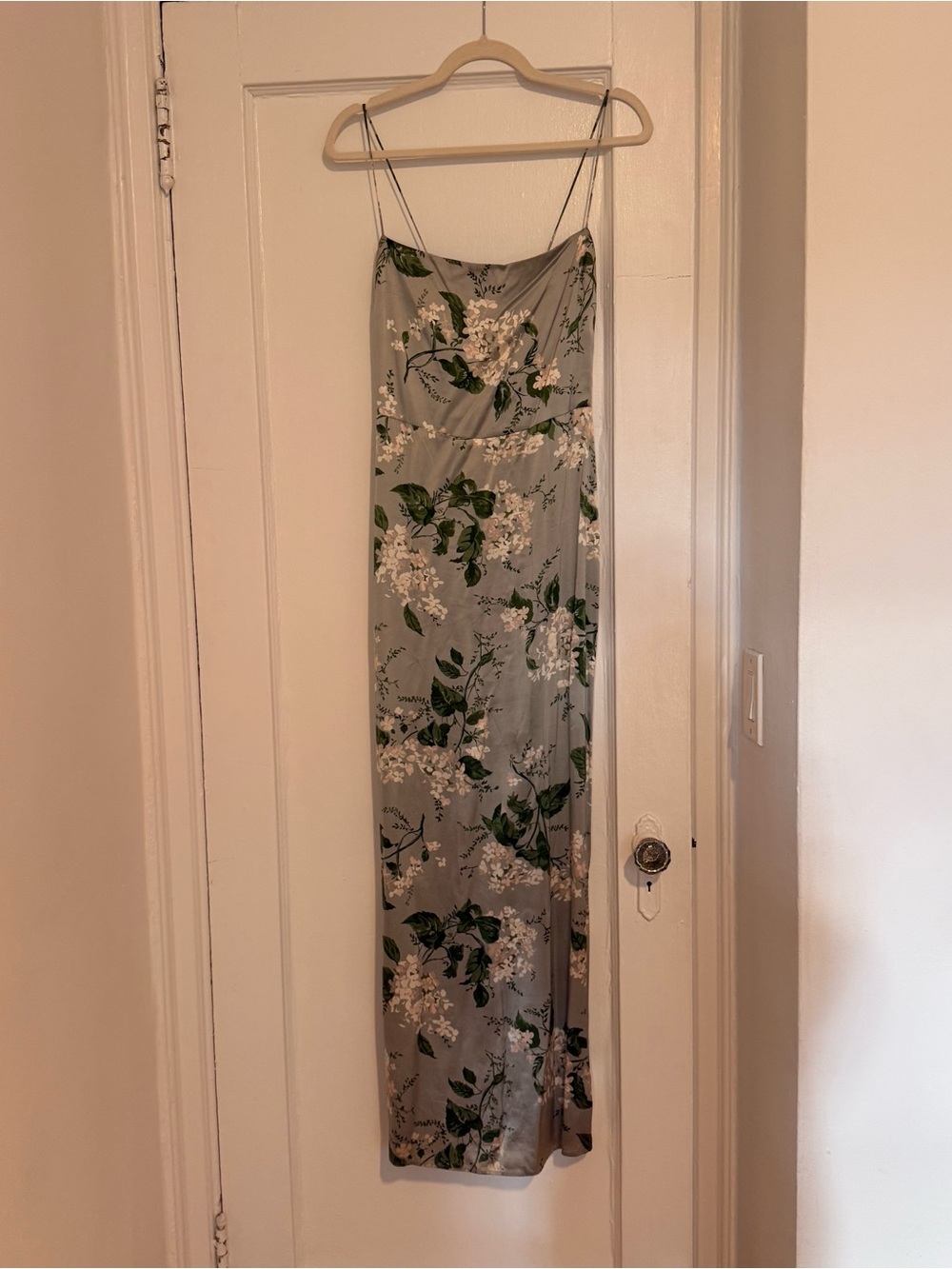 Reformation Frankie Sage Green Floral Strapless Satin Slip Dress - Picture 3 of 9